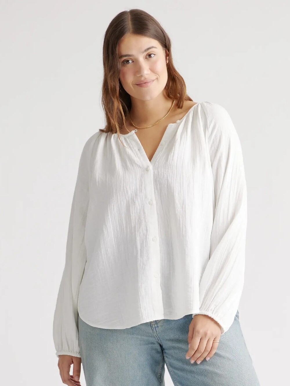 Quince Cotton Gauze Peasant Blouse, White, Large